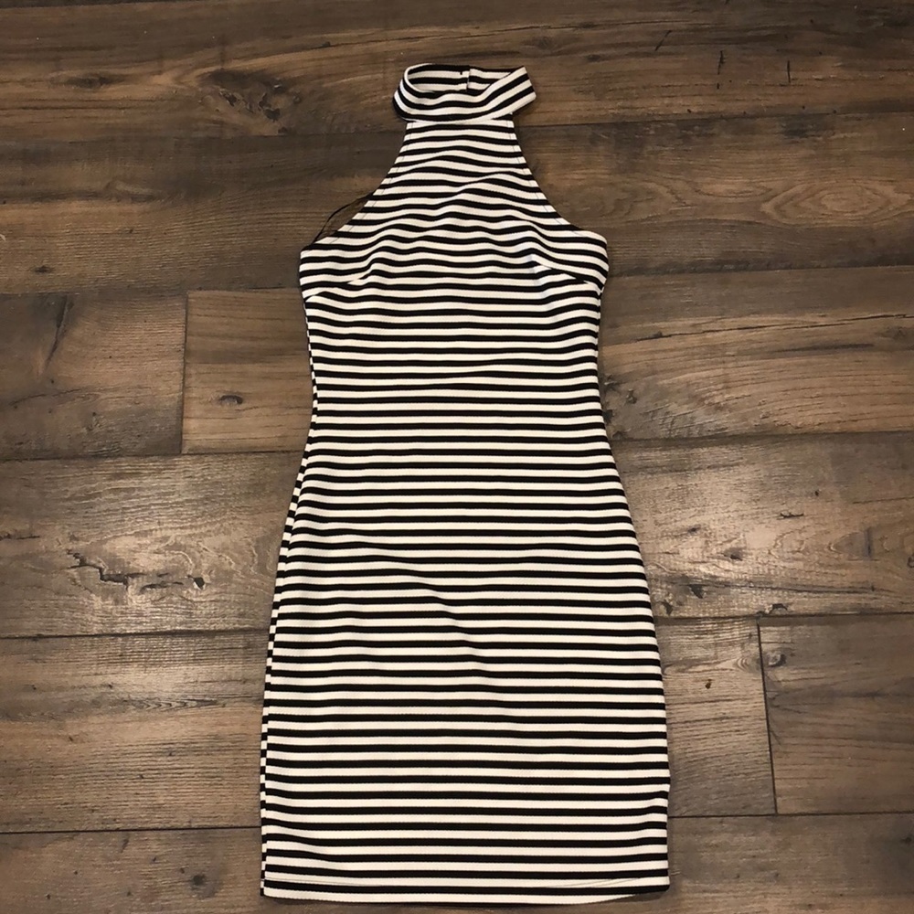 Black and white striped halter dress